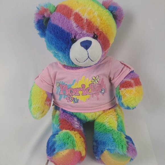 Build A Bear Rainbow Striped Rainbow Peace Sign Teddy Bear Stuffed Plush Florida - Picture 1 of 8